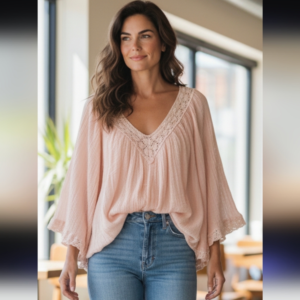 GOLDEN  Peach Chic Blush Lace Detail Blouse M/L